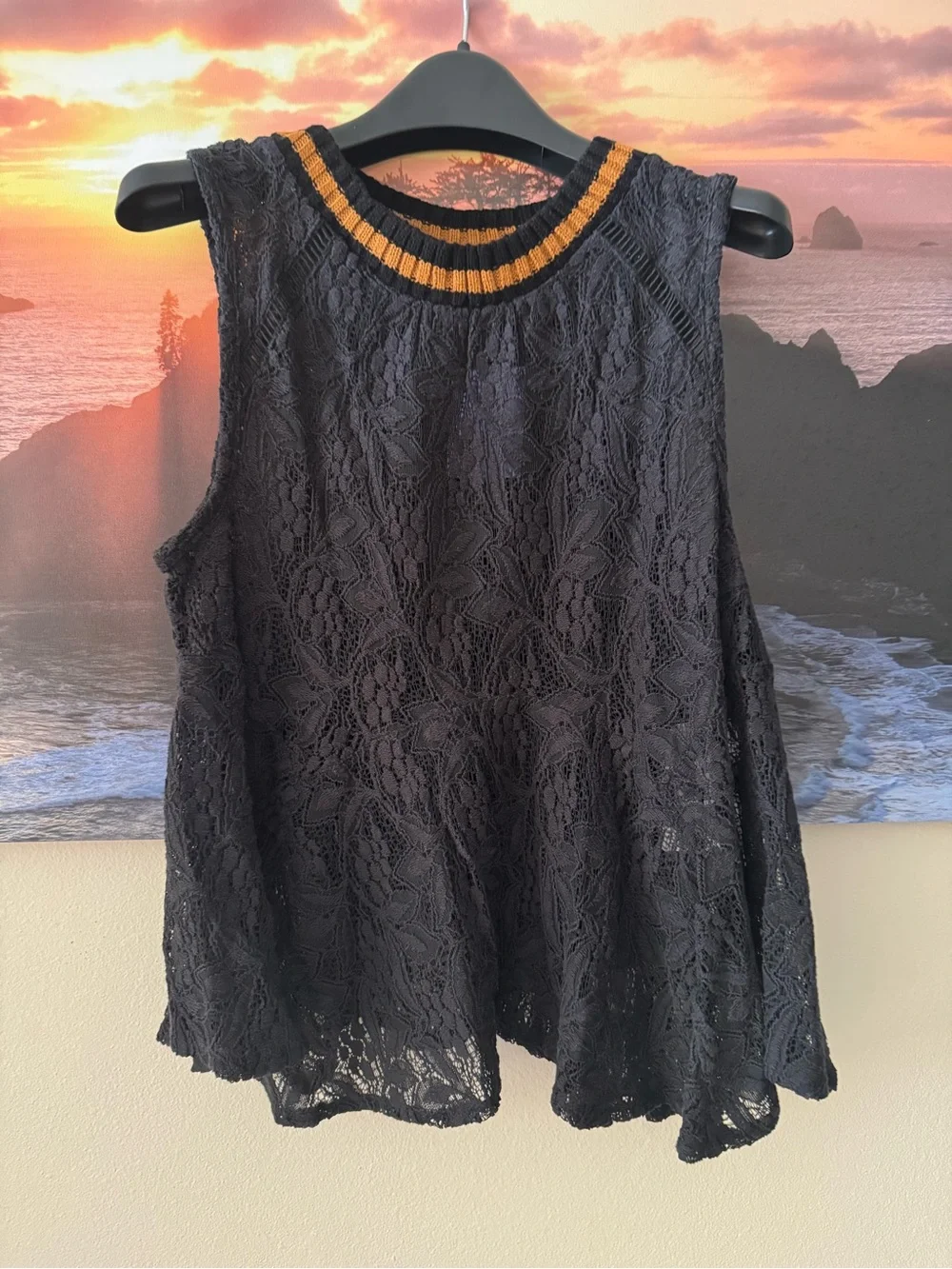 Free People Black Lace sleeveless Tank with brown- Trim Ribbed Neckline/XS/ NWT